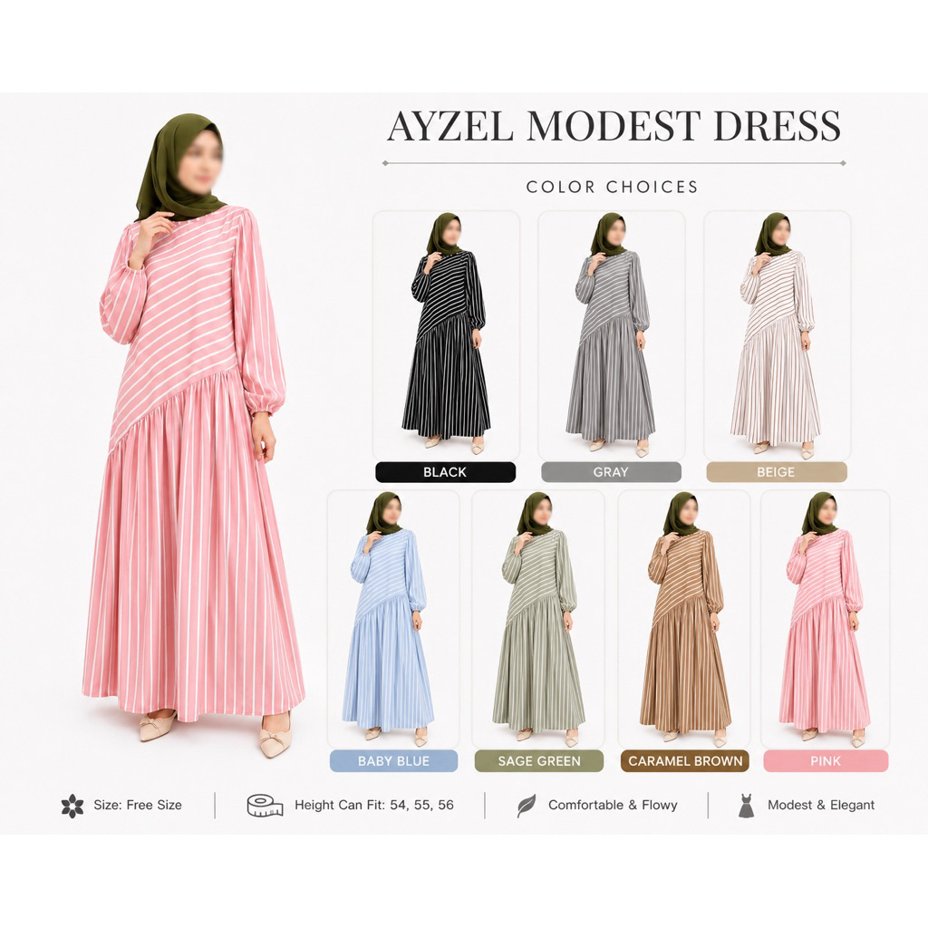 Ayzel Modest | Premium Striped Maxi Dress | Muslimah Long Dress | Freesize | Fits Height 5’4”–5’6”
