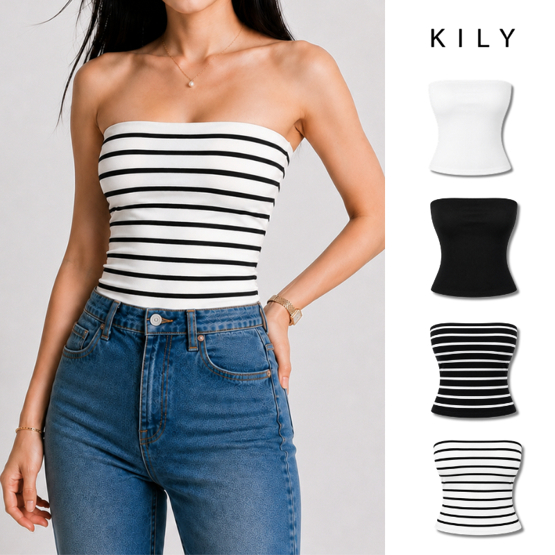 Buy 1 Take 1 KILY Padded Top Retro Striped Sleeveless Sexy Strapless Tube Ribbed Knit Y2K Top