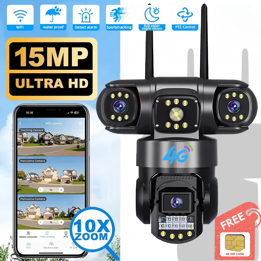 4G SIM 15MP Three Lens CCTV Camera Outdoor 4K HD Three Screen View Auto Tracking PTZ IP Camera