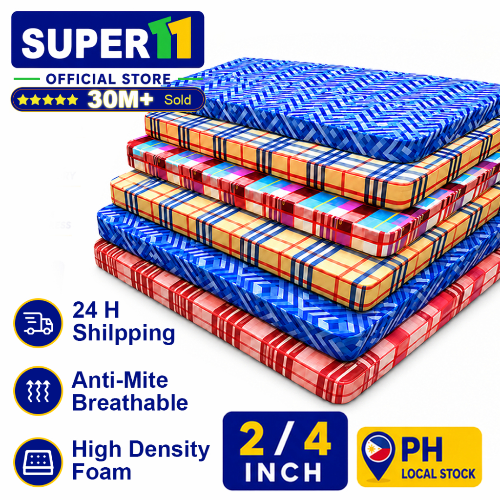 SUPER11 Original Foam Mattress with Cover 2/4 Inch Thickness Comfortable Bed Single Queen FamilySize