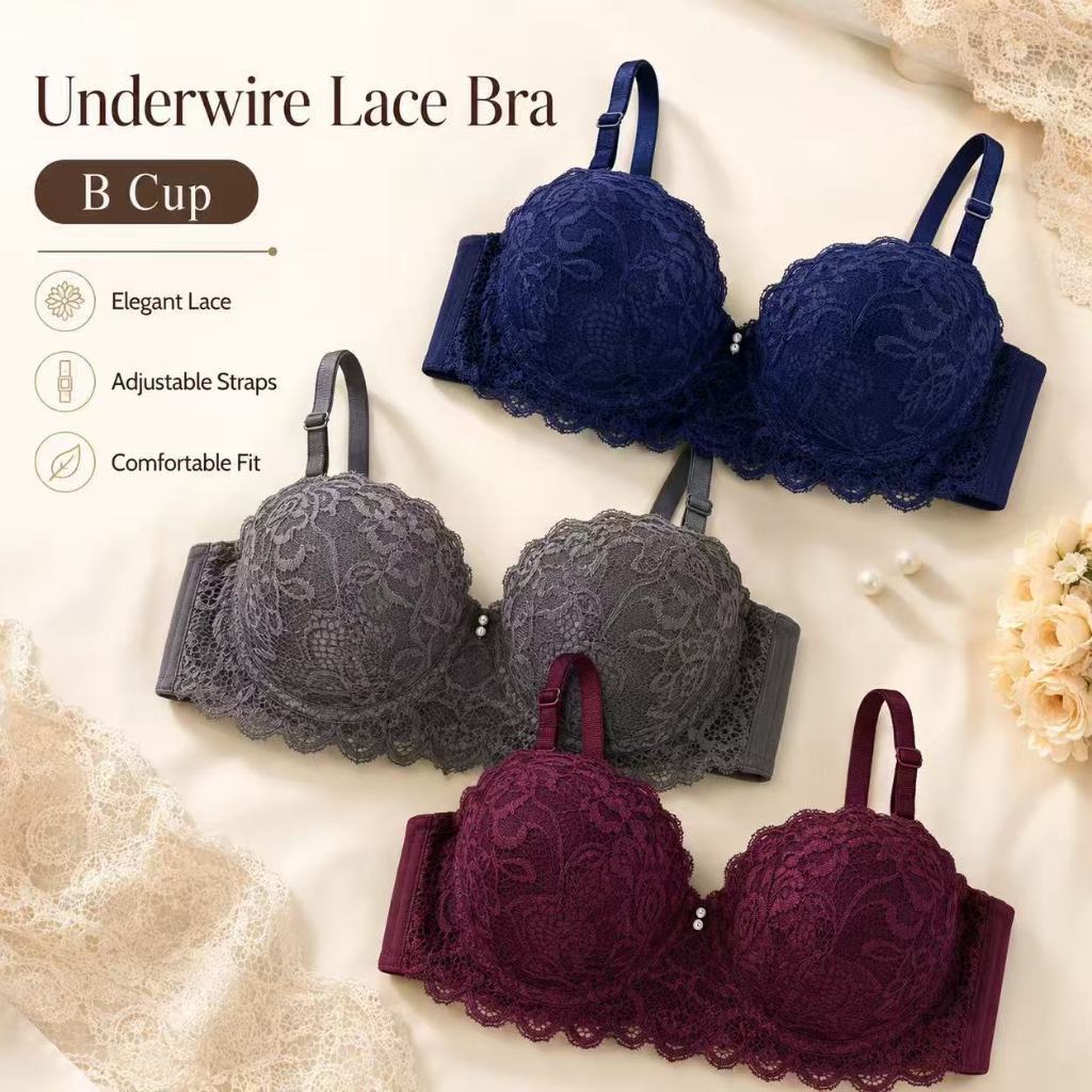 Women Underwire Lace Bra B Cup Molded Cups Adjustable Straps Comfortable Ladies Underwear 34-38