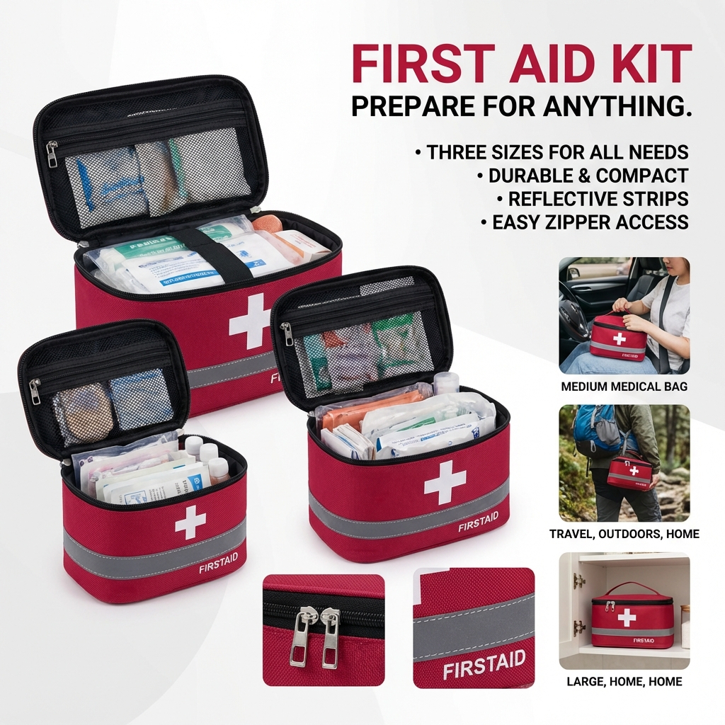 First Aid Bag Keeps Gear Sorted Double Zip Mesh Pockets Reflective Strip for Travel | Top Handle