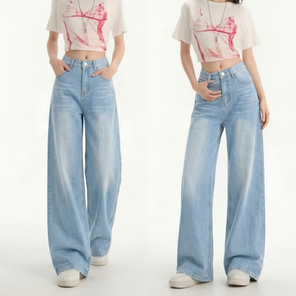 PH, Korean Fashion Pants Loose Jeans,and high waist straight leg comfortable daily jeans suitable