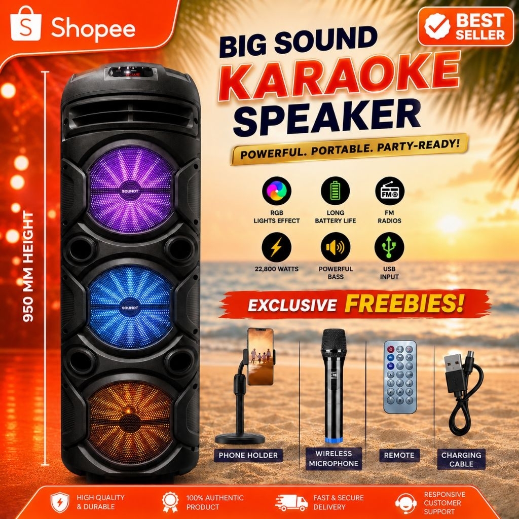 Karaoke Bluetooth Speaker with Mic – Wireless, Portable, Deep Bass, LED, USB/FM/AUX