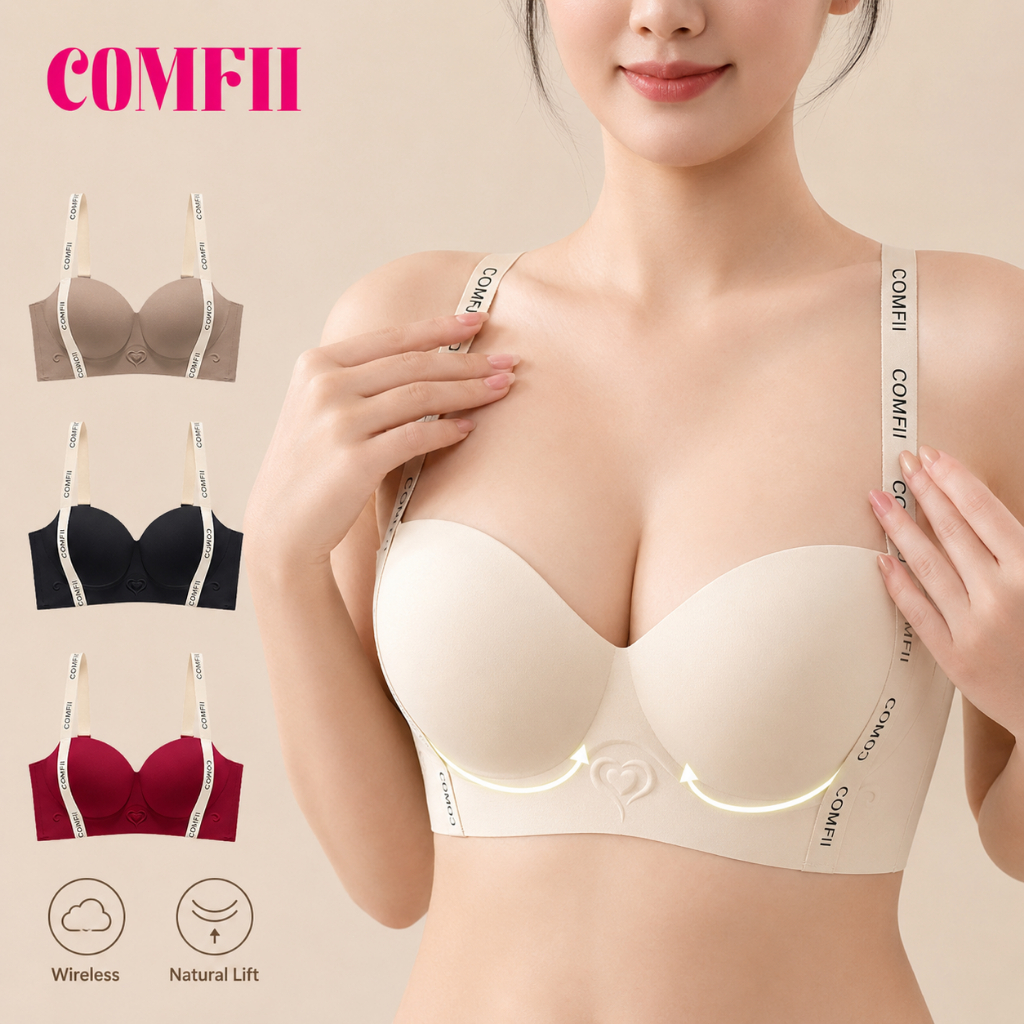 COMFII Letter Strap Push-Up Bra | Wireless Seamless Bra, Natural Lift, Soft Support, Everyday T-Shir