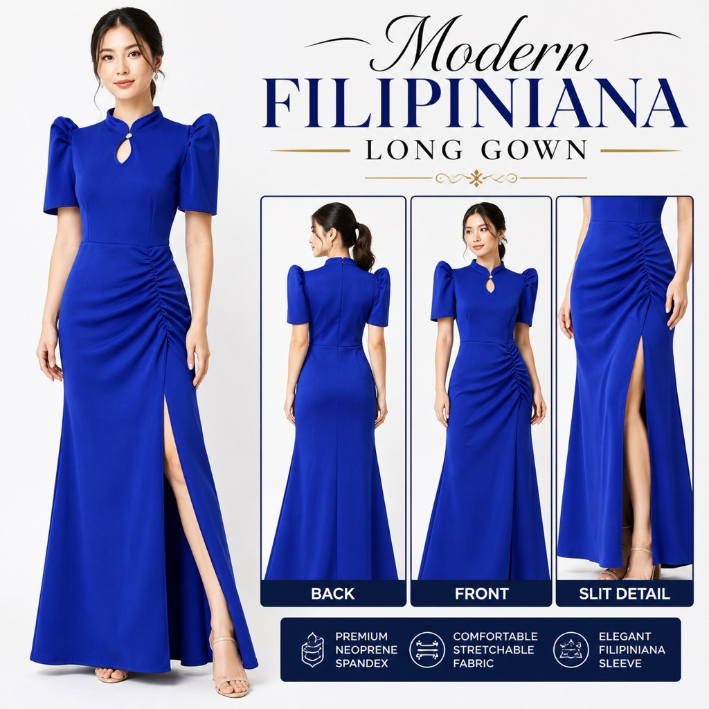 Modern Filipiniana RBC Long Gown Elegant Side Slit Dress Neoprene Spandex Fabric Women’s Formal Wear