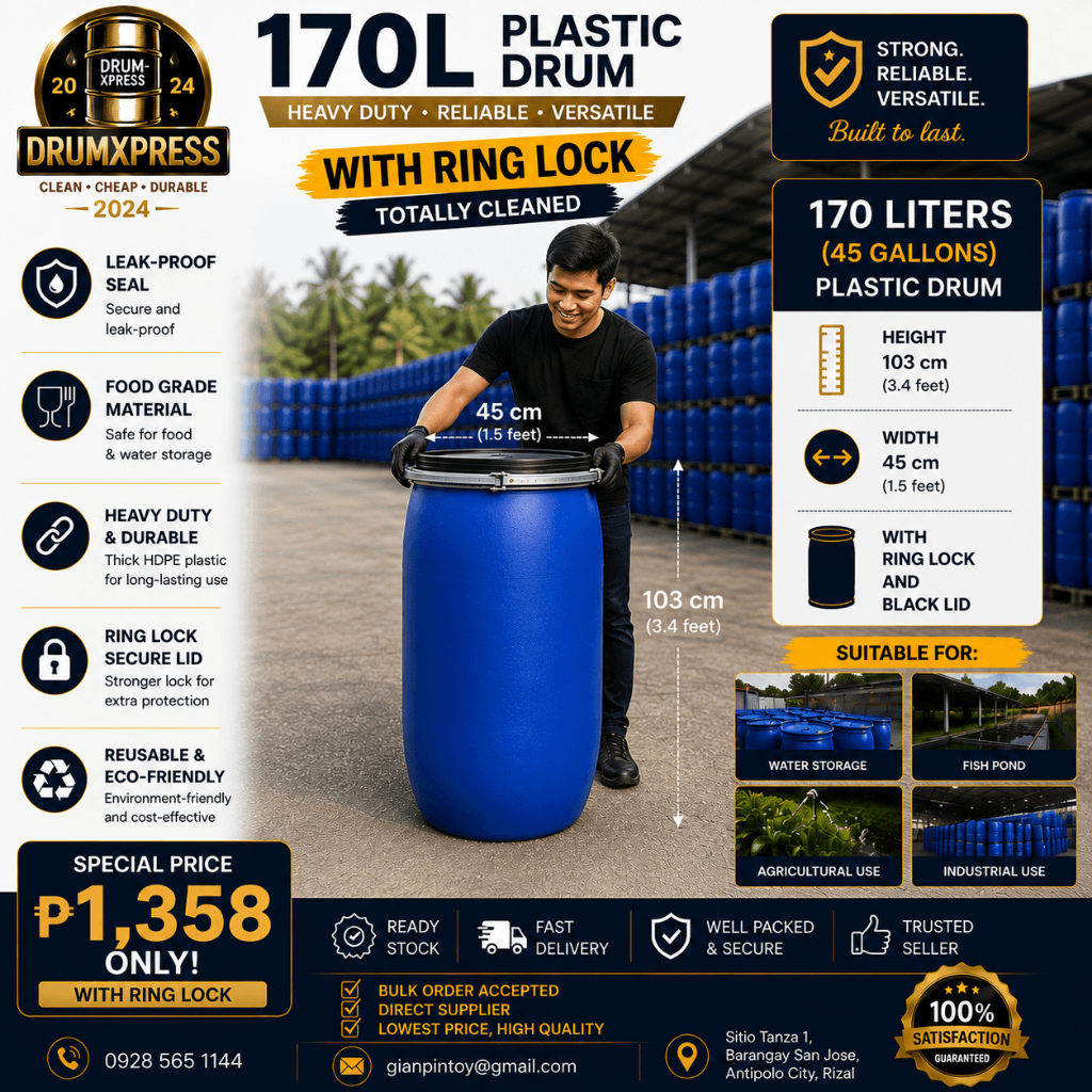 170L Blue Plastic Drum with Lid & Ring Lock | Heavy Duty HDPE Water Storage Container