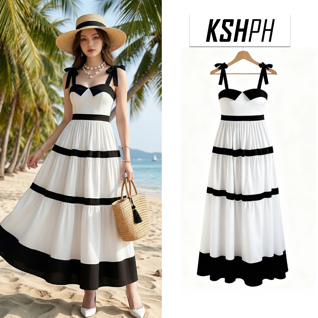 KSHPH Women Elegant Bow Strap Maxi Dress Contrast Color Sexy Korean Sweet Party Long Gown Co-ords
