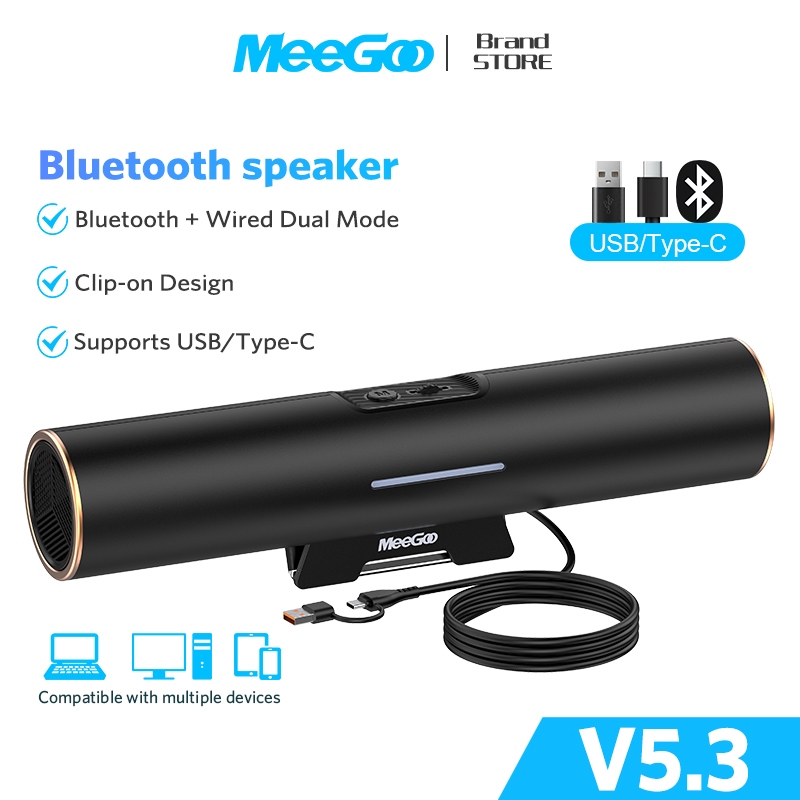 MeeGoo Bluetooth Speaker With Microphone USB/Type-C Wired Soundbar Cable Clip on Home Subwoofer