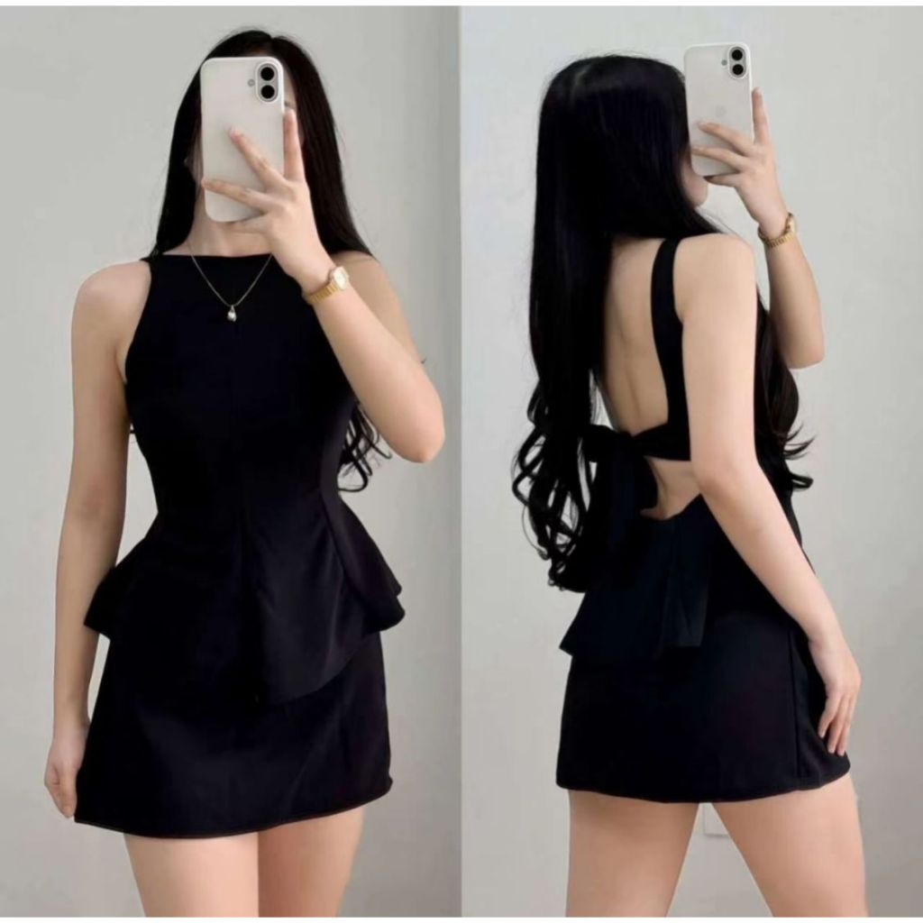 Women Apparel Black Open Back Tie-Back Sleeveless Peplum Top and Skirt Set
