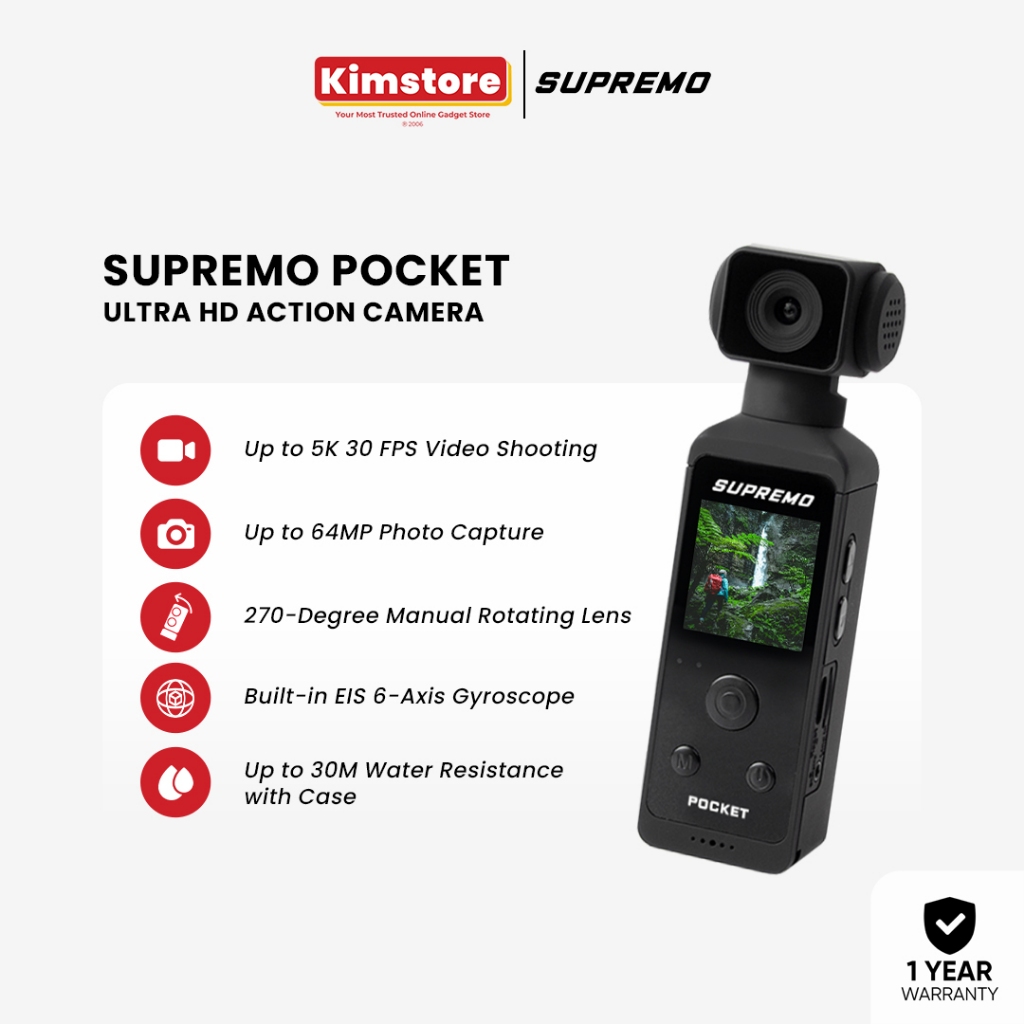 Supremo Pocket 5K Ultra HD Action Camera (1 Year Guarantee!)