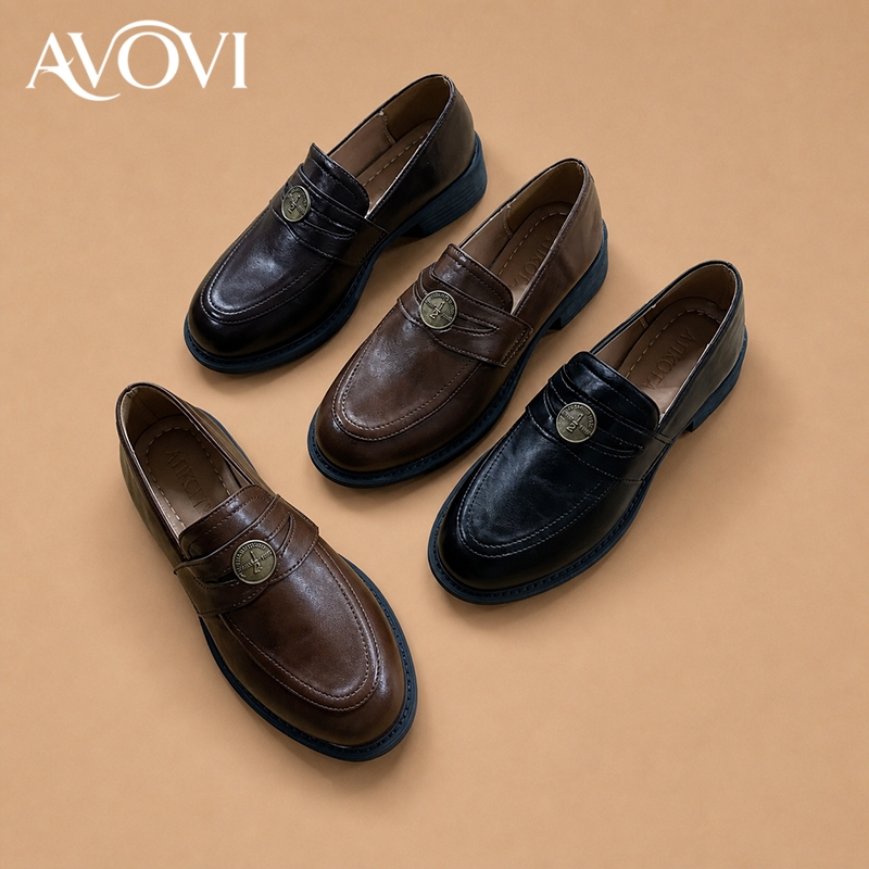 AVOVI Ladies British Style Flat Loafers Retro Metal Buckle Preppy Versatile Work Shoes
