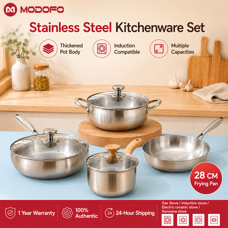 4PCS Stainless Steel Cookware Set MODOFO Cook Induction Stove Soup Pot Frying Pan Wok Non Stick
