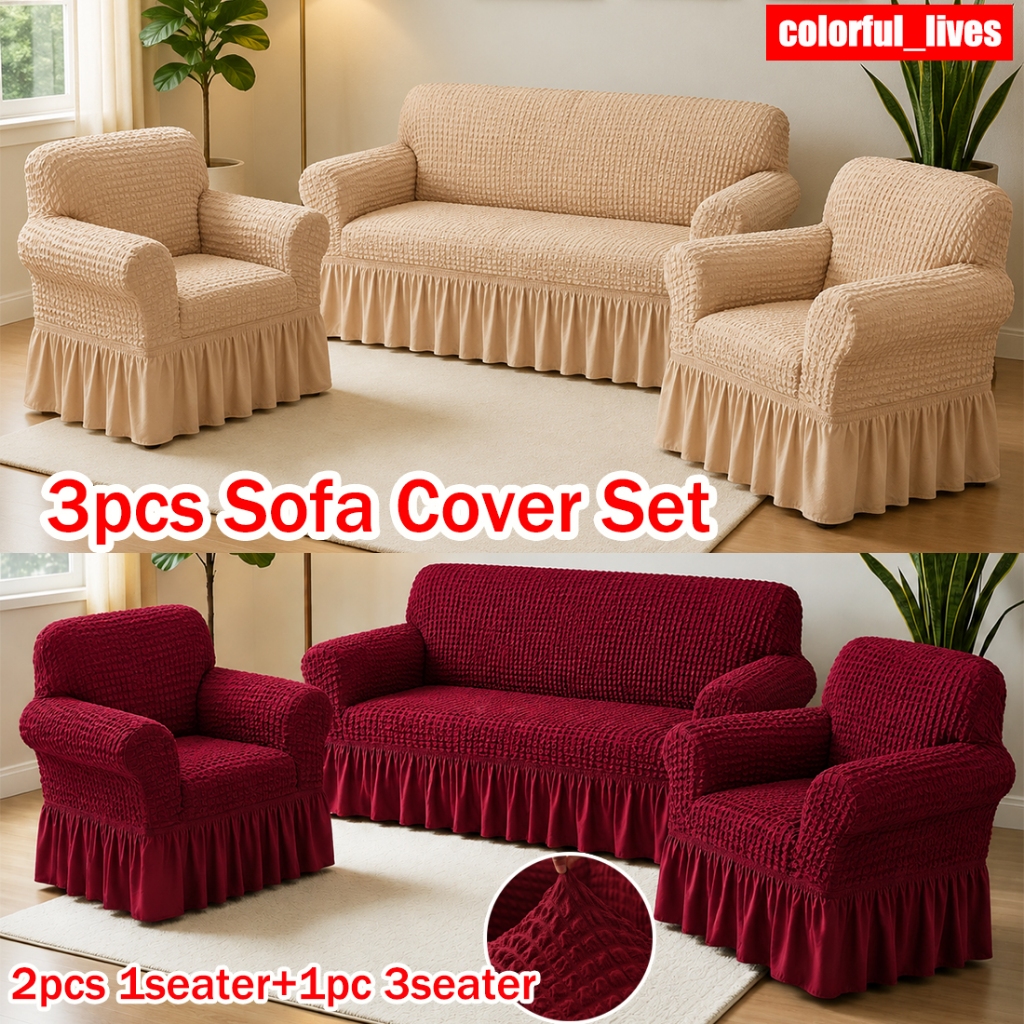 (3pcs) Seersucker Sofa Cover Set of 3pcs Thicken Sofa Cover With Skirt 2pcs Single and 1pc 3setaer