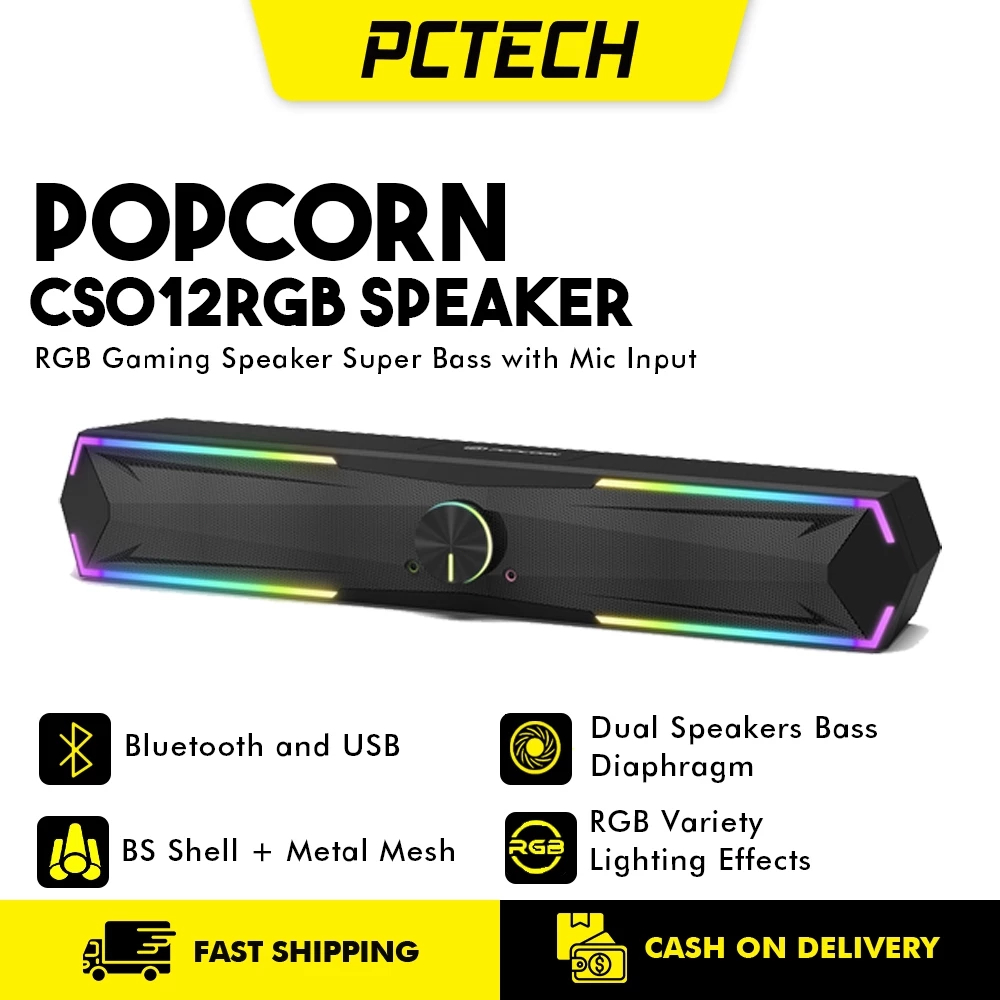 RGB Gaming Speaker with Mic & Headphone Jack One-Knob Control Desktop Sound Bar for PC Laptop Phone