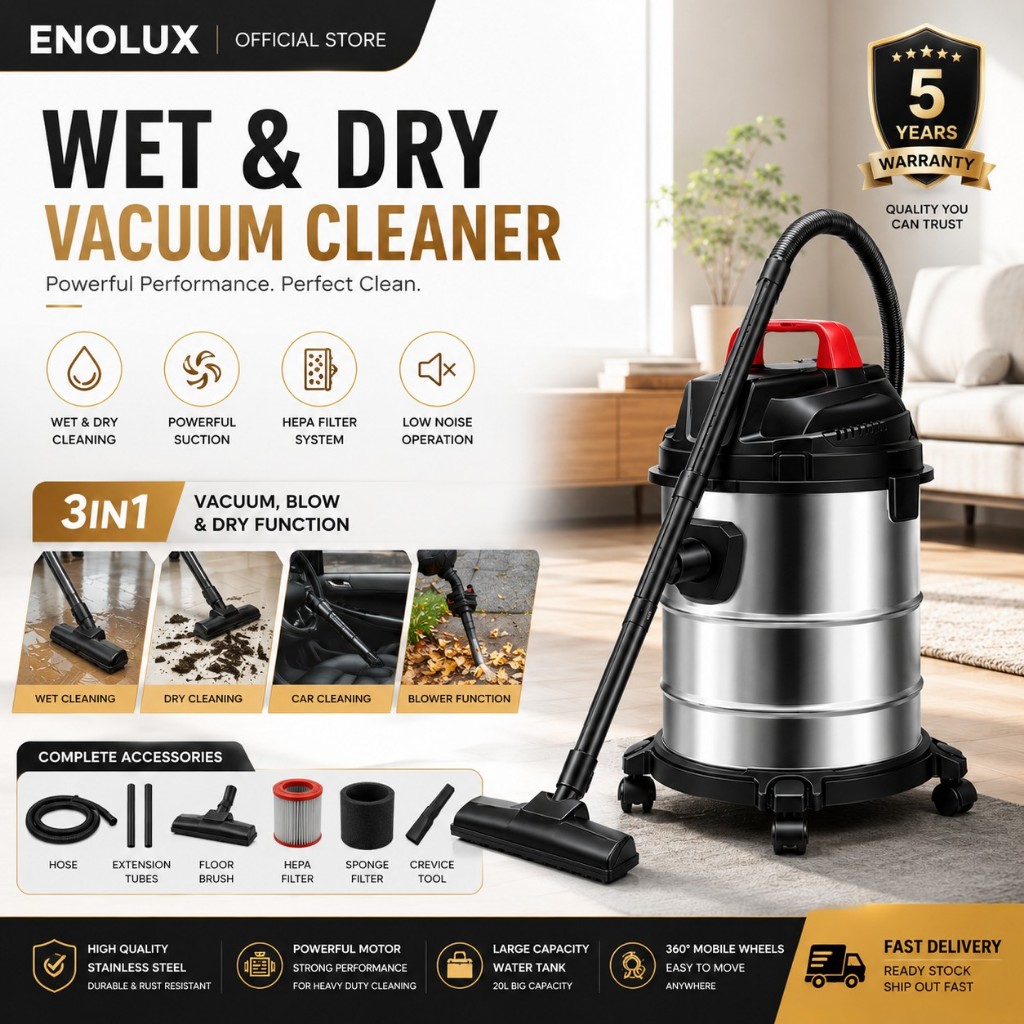 【HOT SALE】Enolux Cannister Vacuum Stainless Stain 3 in 1 Wet & Dry 18L Vacuum Cleaner For Home