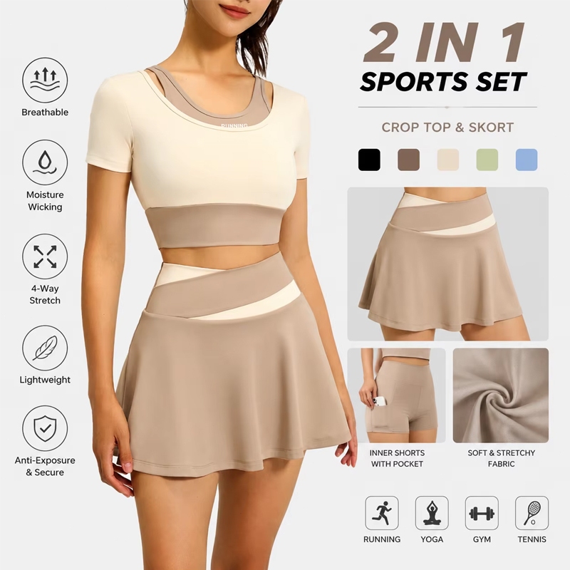 Fan's Beauty Women's 2PCS Yoga Set Crop Top with Bra High Waist Tennis Skort Gym Wear