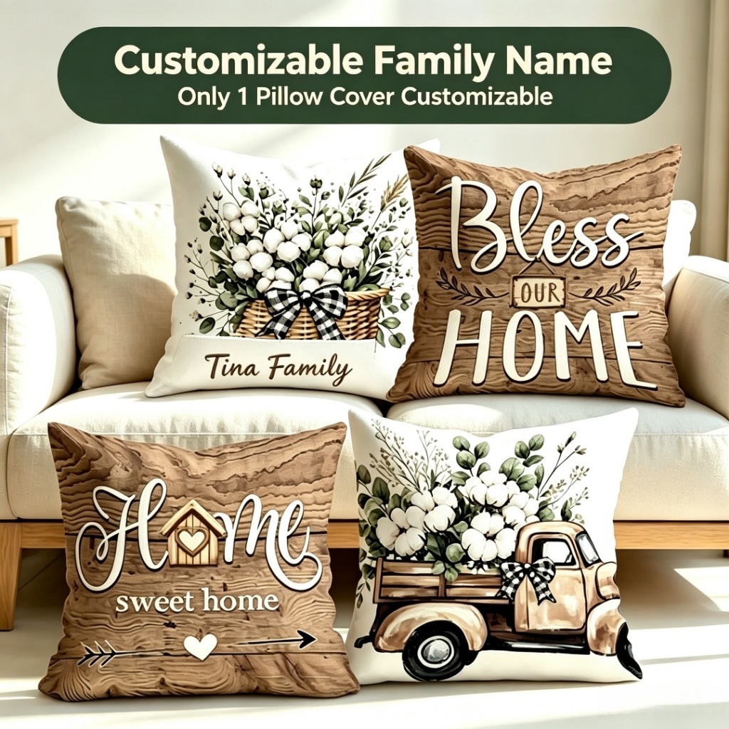 4Pcs Log Cabin Style Pillow Case 40/45/50cm - Bless Our Home Cushion Cover Set for Sofa Bed