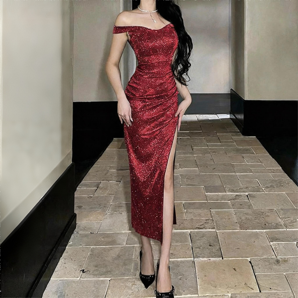 Korean red off shoulder midi bodycon dress for woman casual elegant formal wedding dress plus size