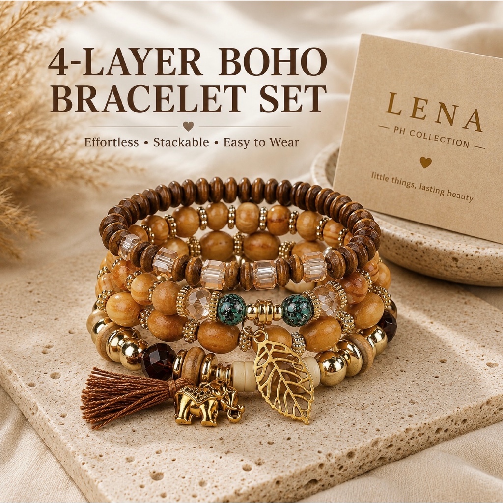 4pcs/Set Bohemia Style Elephant & Leaf Pendant Wood Bead Tassel Bracelet Set