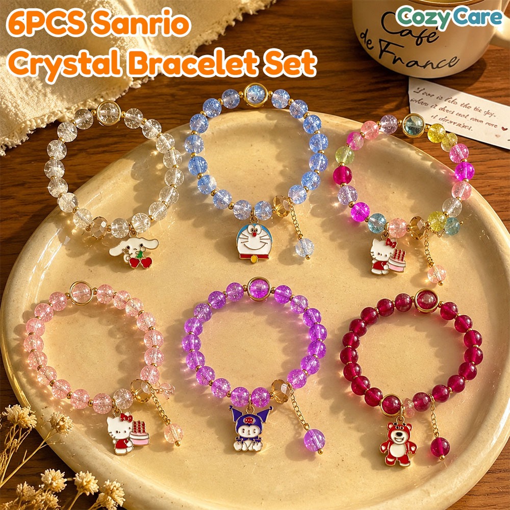 6PCS Sanrio Cute Crystal Bracelet Set Cartoon Bracelet for Girls Student Birthday Gift Accessories