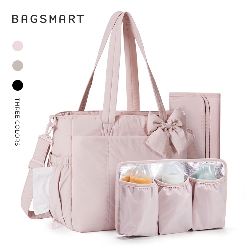 BAGSMART Diaper Tote Bag for Mom Baby Travel Bag with Insulated Bottle Holder & Changing Mat