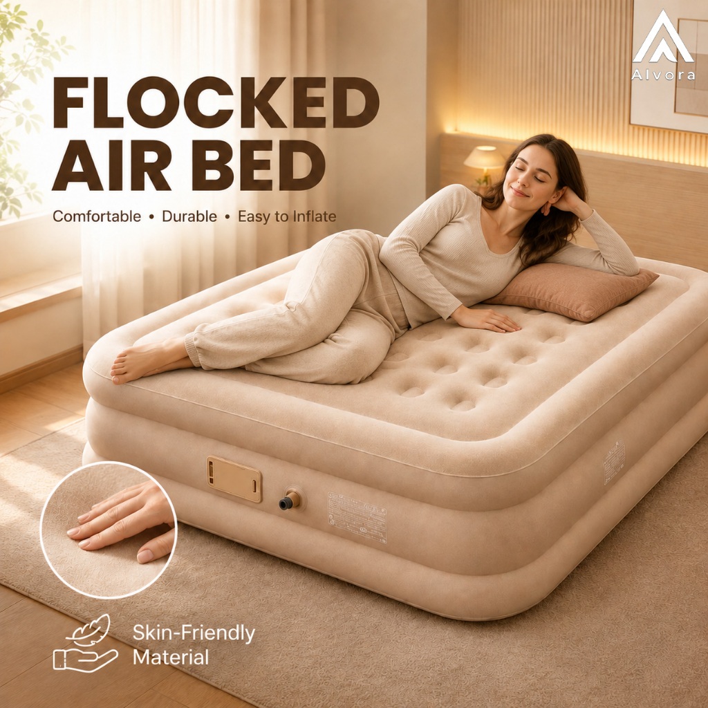 Inflatable Air Bed with Flocked Surface Comfortable Durable Portable Bed for Home Guest Camping