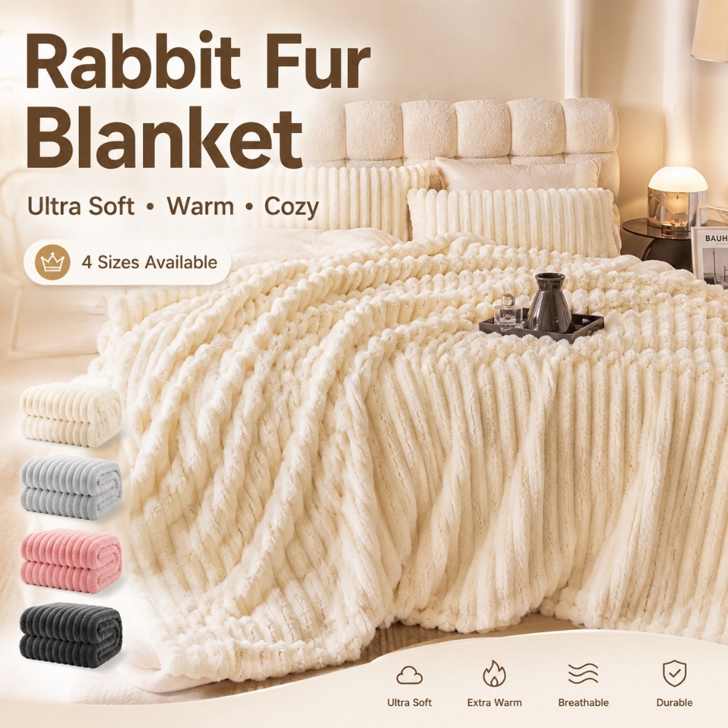 Luxury Plush Blanket, Faux Fur Striped Throw, Soft Warm Bedding for Sofa, All-Season Cozy Wrap