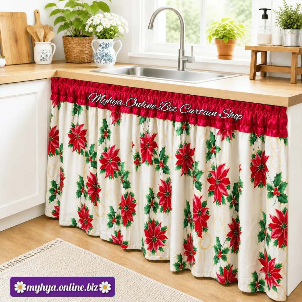 Christmas Season Easy Install Kitchen Sink Curtain 1.5mx29" Fabric cloth Classic red poinsettia