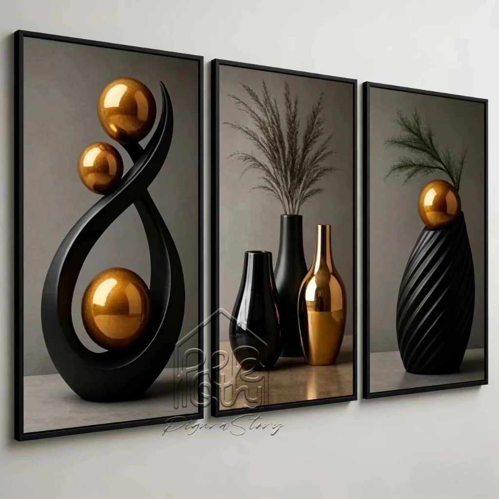 3PCS Wall Decoration White Vase Gold Sphere Leaves Art Wall Decor Display Decorative Oil painting