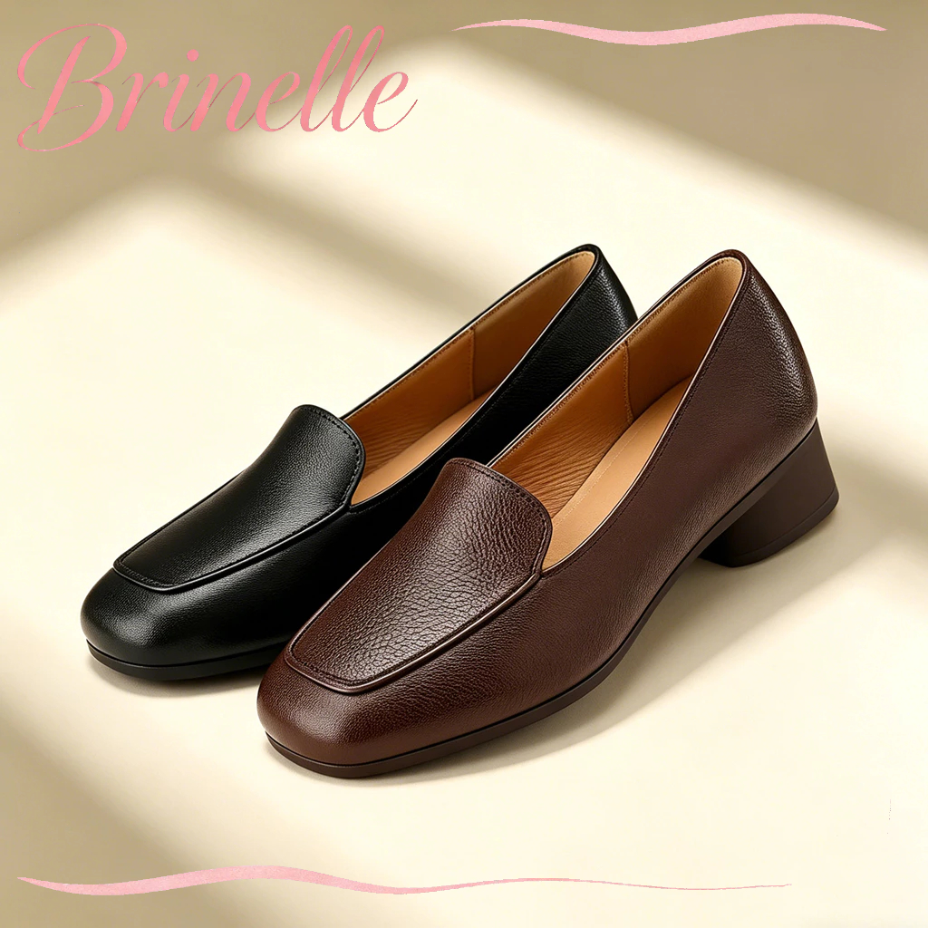 Brinelle loafer shoes for women Black leather Square toe Block heeled slip on casual office shoes
