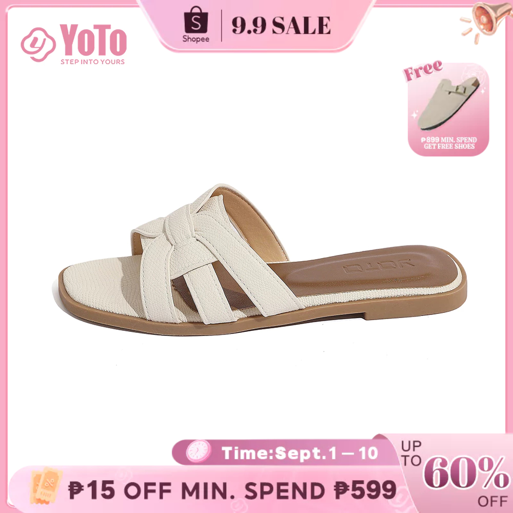 YOTO French Style Flat Sandals For Women Leather Cross Strap Outside Summer Comfy Slippers