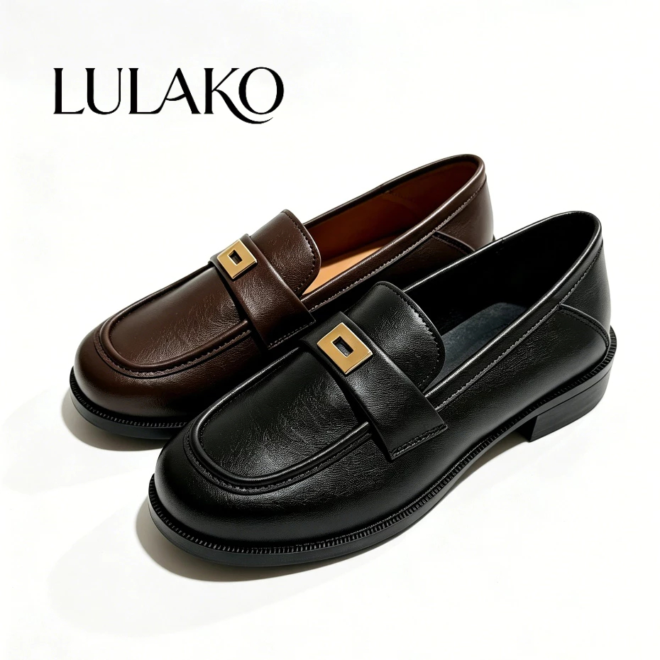 LULAKO Black Leather School Shoes for Women, Slip On Chunky Loafers, Close Toe Office Formal Shoes
