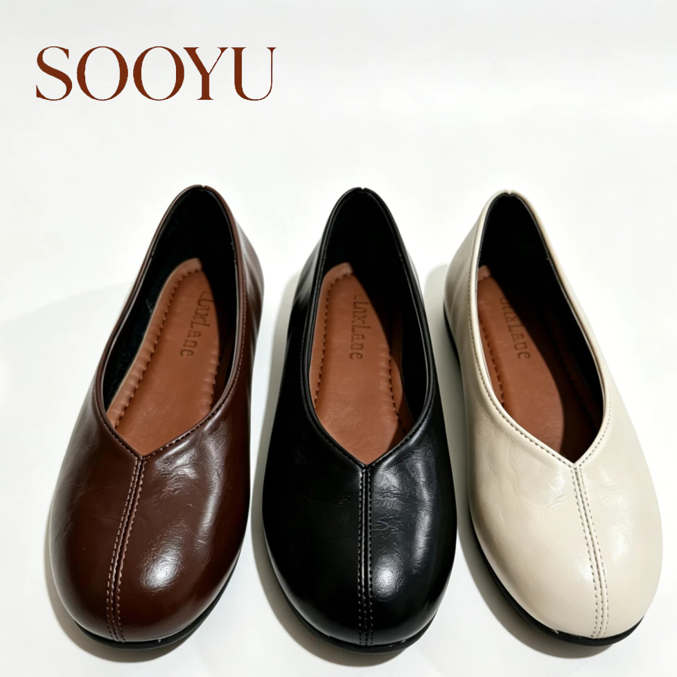 SOOYU Flat black loafers for women Leather close toe formal shoes korean slip on doll shoes