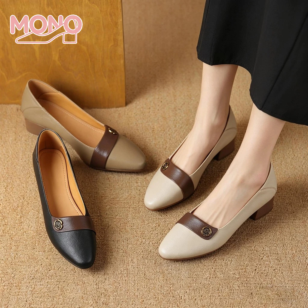 MONO Chunky Heel Pointed Loafer Shoes Leather Office Shoes for Women Retro Camellia Metal Decor