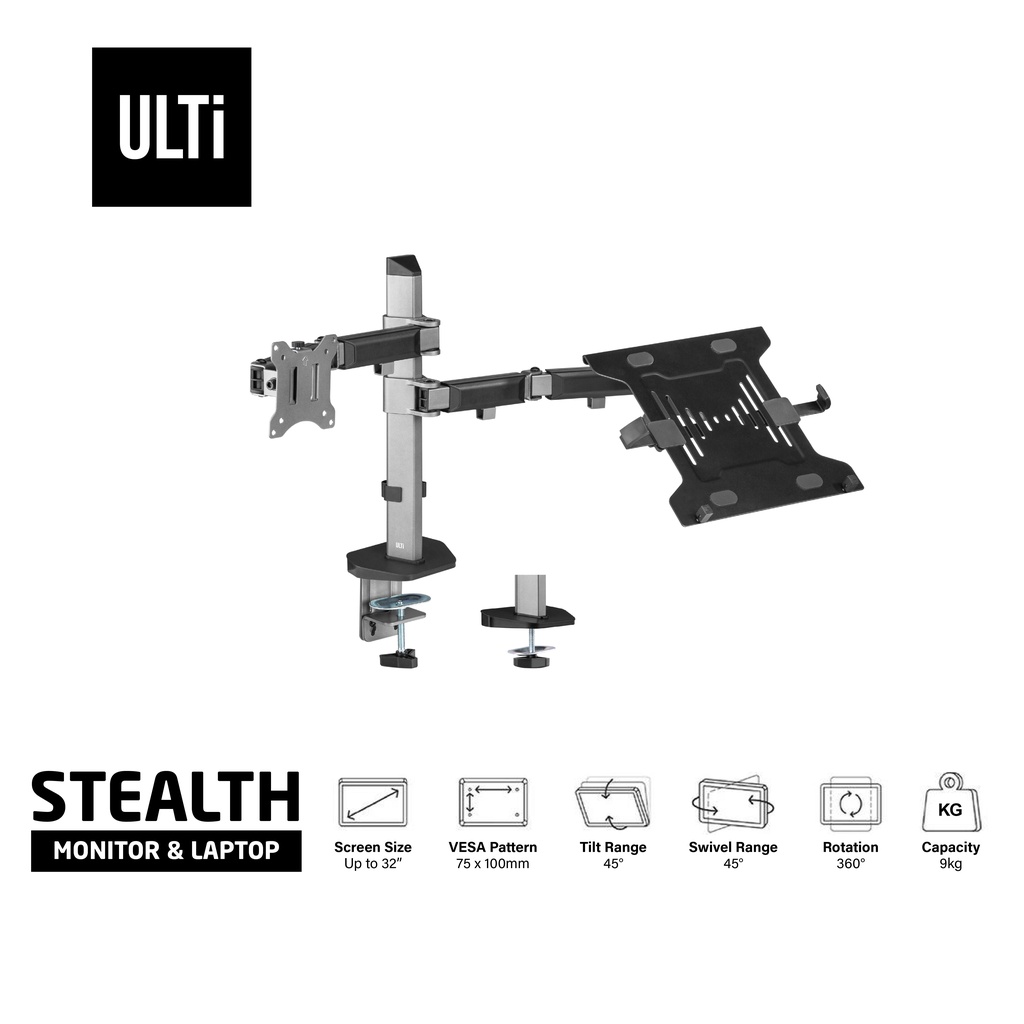 ULTi Stealth Premium Full Motion Monitor + Laptop Desk Mount, Articulating Double Center Arm