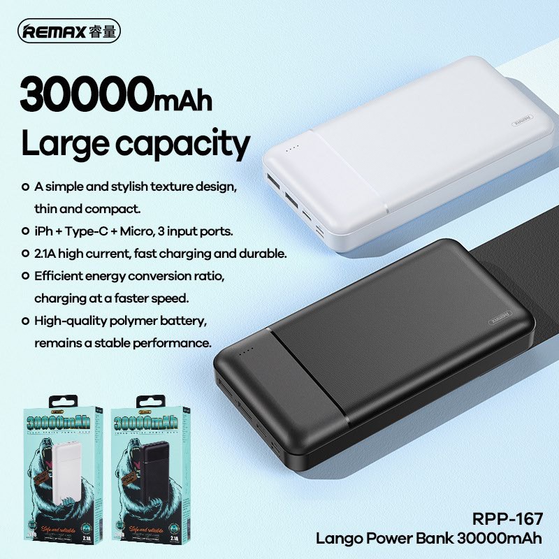 REMAX Lango Series 30000mAh Power Bank 2.1A Dual USB RPP-167
