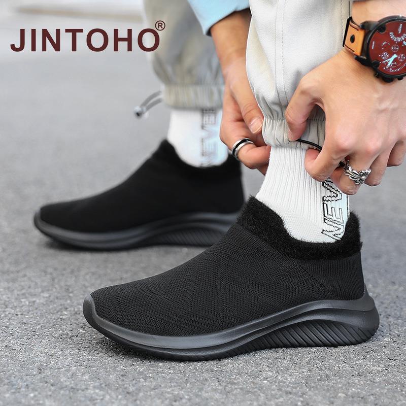 【JINTOHO】Plus Size 35-45 Unisex Loafers Fashion Warm Fur Men Shoes Slip On All Black Shoes For Men And Women