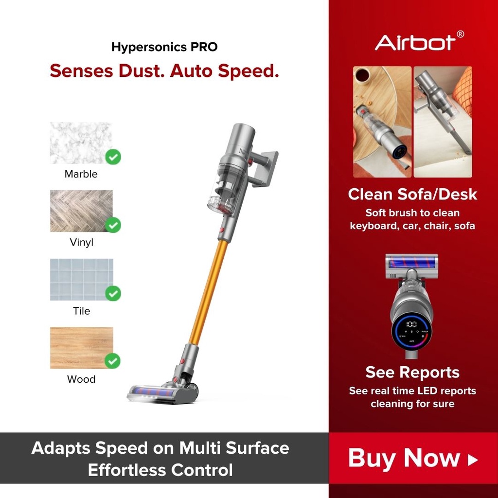 Airbot Hypersonics PRO 27,000Pa Handheld Cordless Vacuum Cleaner Smart Dust Sensing Dust Mite Killer Stick Portable