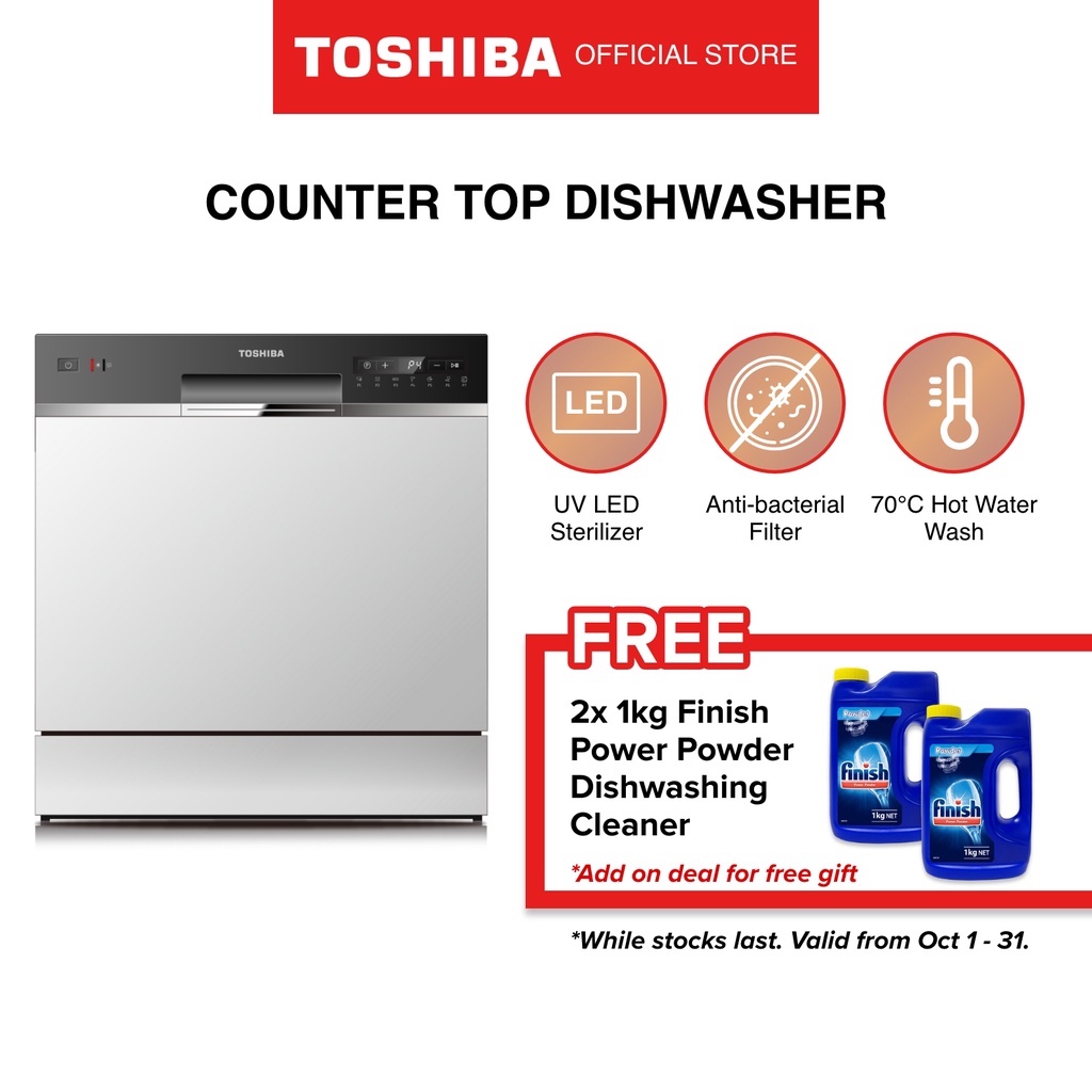 Toshiba Cool Grey Compact Tabletop Self Cleaning Dishwasher, 8L, DW
