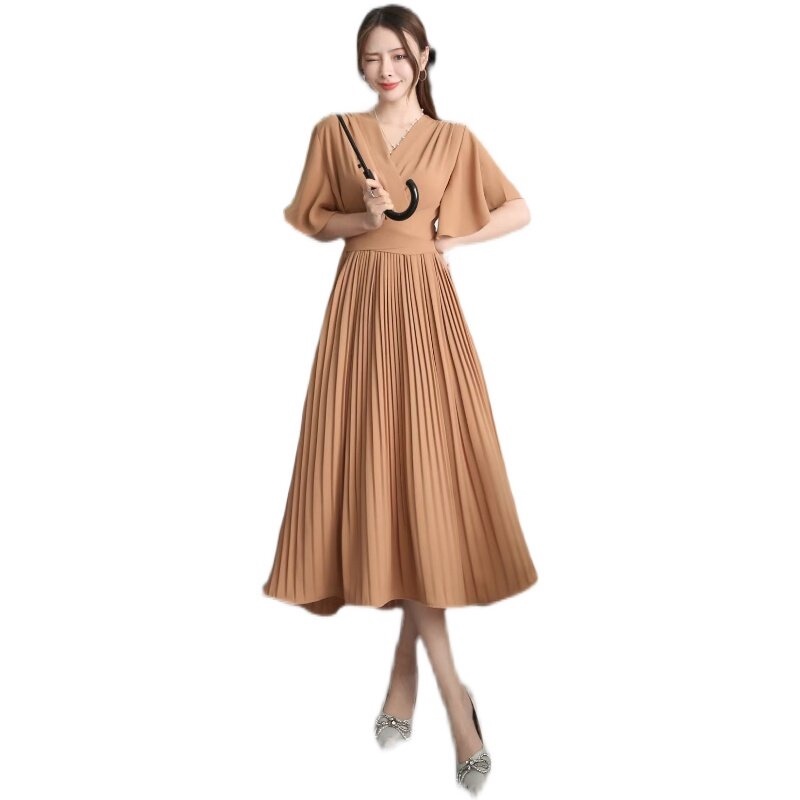 Women Casual Pleated Dress Summer Short Sleeve V Neck Slim High Waisted Bandage Party Dresses Ladies
