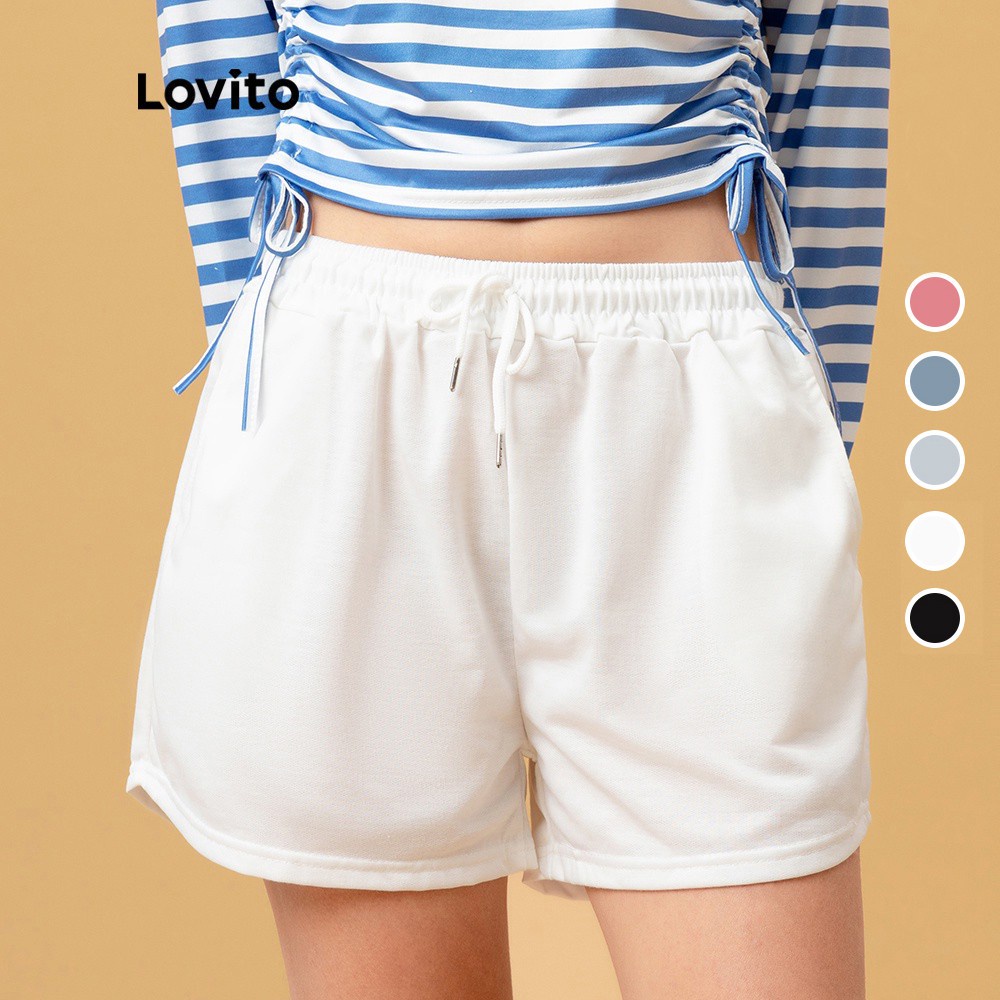 Lovito Casual Solid Drawstring Shorts for Woman L00242 (White/Black ...