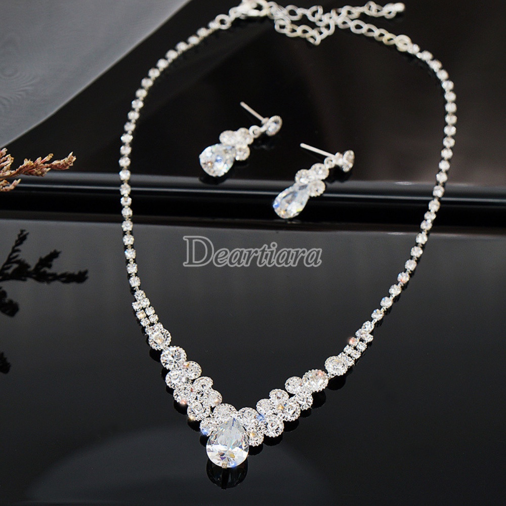 Image of Fashion Bright Full Diamond Zircon Water Drop Necklace Earrings Set Bridal Wedding Jewelry #4