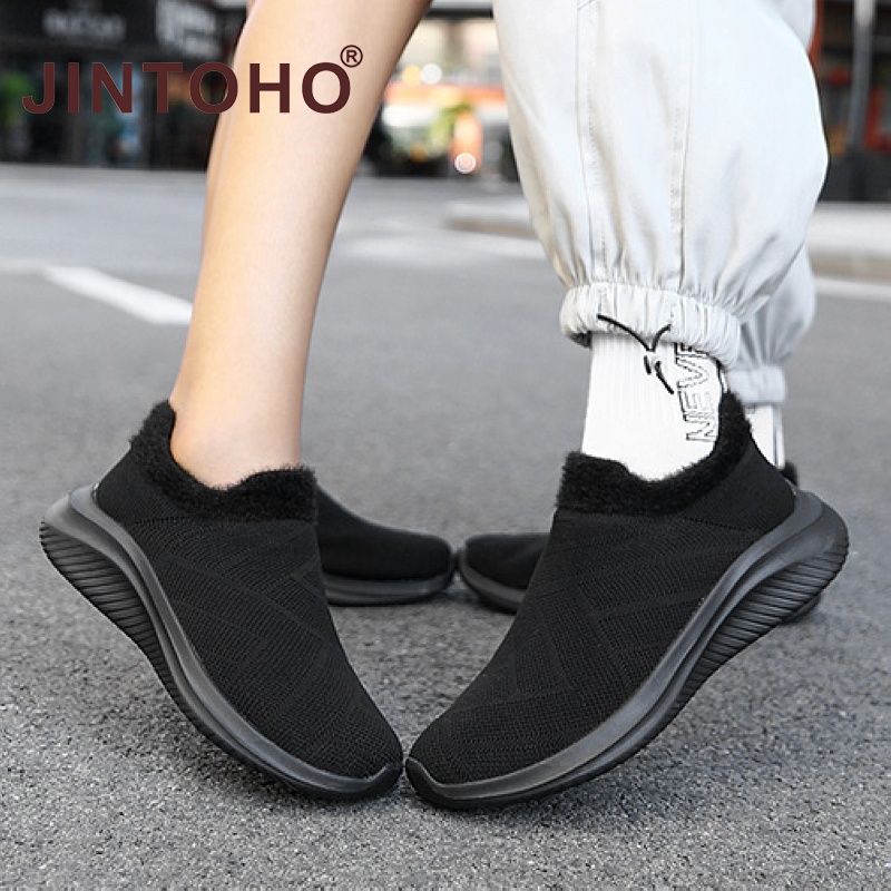 【JINTOHO】Plus Size 35-45 Unisex Loafers Fashion Warm Fur Men Shoes Slip On All Black Shoes For Men And Women