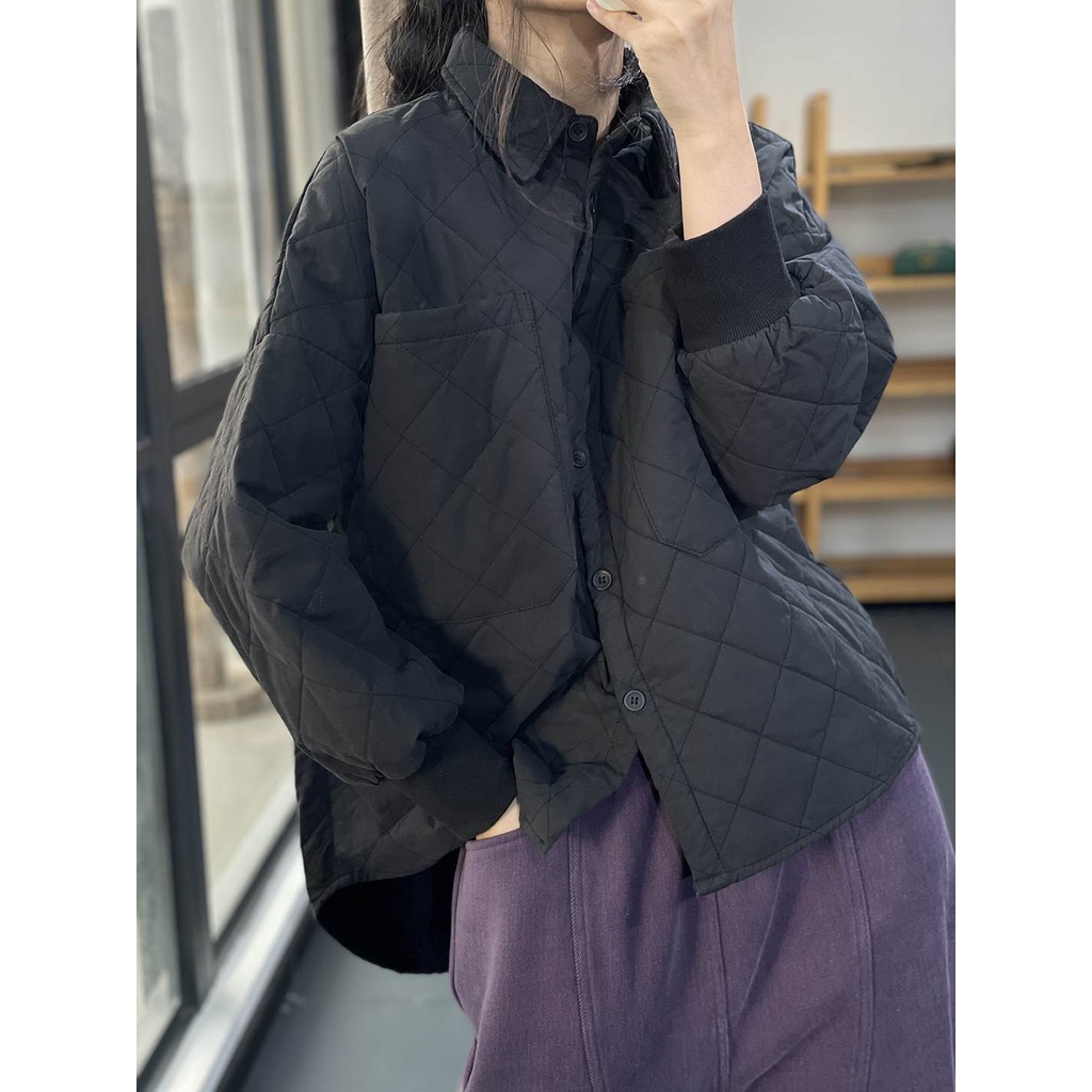 Image of 2022 Autumn Winter New Style Lapel Solid Color Pressed Cotton Loose Long-Sleeved Thickened Quilted Coat Women's #3