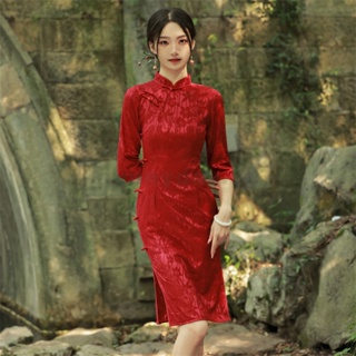 Image of thu nhỏ Preferential Price Autumn New Style Red Toast Dress Composite Lace Side Eight Button Cheongsam Banquet Wedding VHWH #4