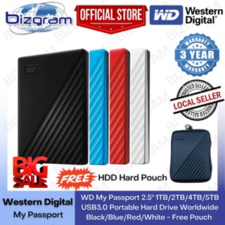 WD My Passport 2.5” 1TB/2TB/4TB/5TB USB3.0 Portable Hard Drive/HDD- Free Pouch - Black/Blue/Red/White (3-Yr Wty)