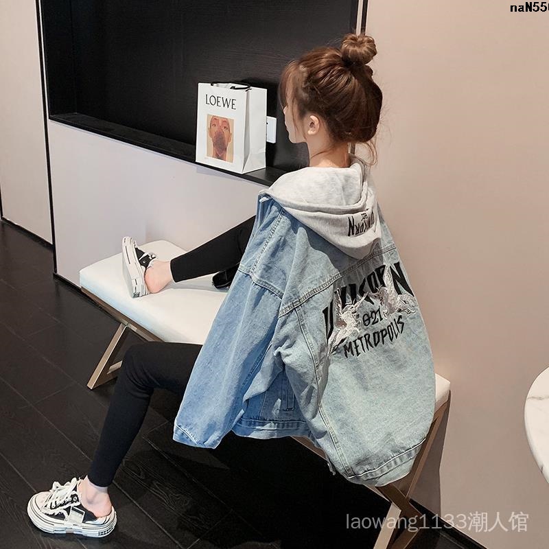 Image of New Style Autumn 2020 Loose Jacket Trendy Mid-Length Korean Women Hooded Denim Embroidery bf Versatile Top Clothes Wide = #1