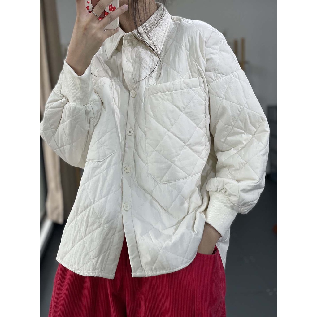 Image of 2022 Autumn Winter New Style Lapel Solid Color Pressed Cotton Loose Long-Sleeved Thickened Quilted Coat Women's #5