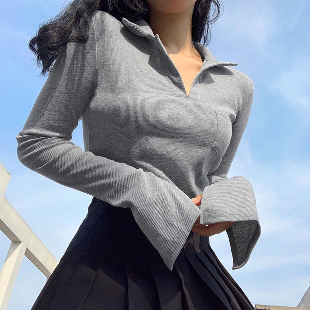 Image of **Ready Stock** Fashion Korean Style Long Sleeve Solid Color Short Tops For Women Knitted Navel Polo Collar T-shirt #2